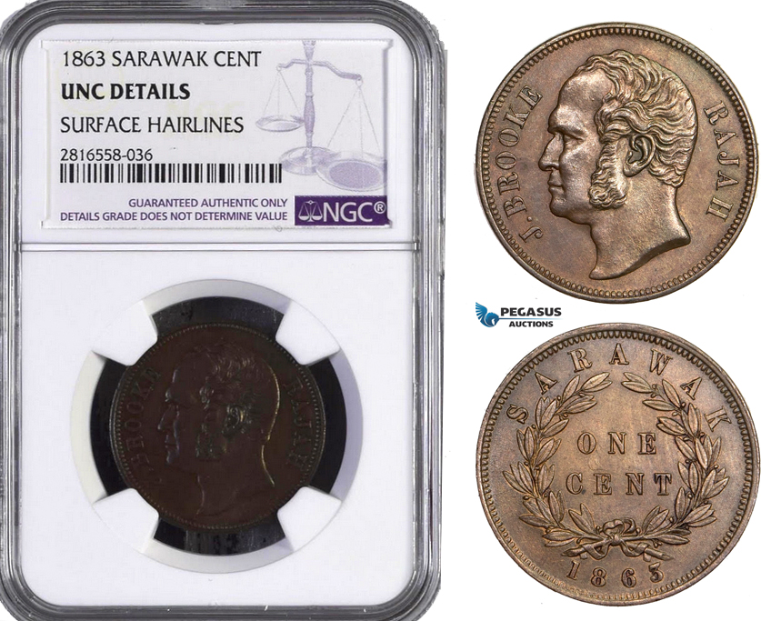 AB058, Sarawak, J. Brooke Rajah, 1 Cent 1863, NGC UNC Details