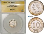 AB059, Sarawak, C. Brooke Rajah, 10 Cents 1900-H, Heaton, Silver, ANACS MS61
