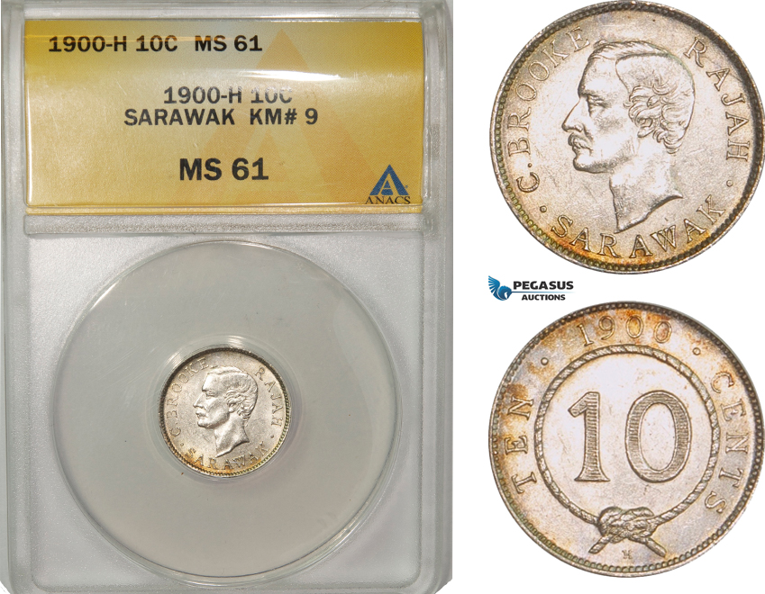 AB059, Sarawak, C. Brooke Rajah, 10 Cents 1900-H, Heaton, Silver, ANACS MS61
