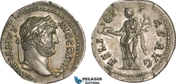AB069, Roman Empire, Hadrian (117-138 AD) AR Denarius (3.18g) Rome, 134-138 AD, Felicitas, Fine Style, Patina!