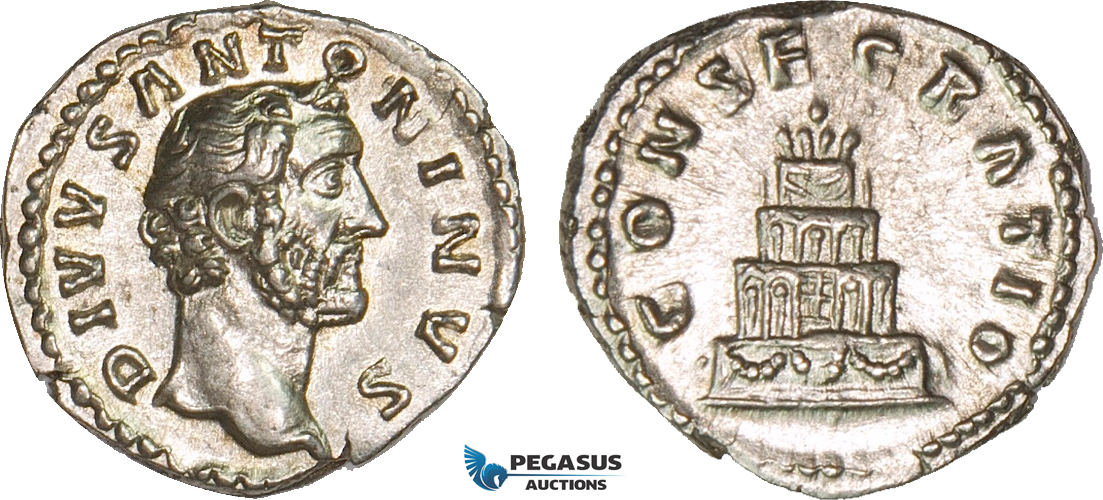AB070, Roman Empire, Divus Antoninus Pius (Died 161 AD) AR Denarius 3.33g) Rome, 161 AD, Consecration, Lustros aUNC