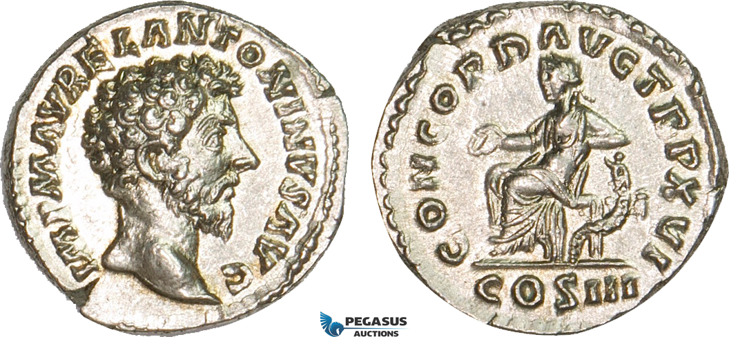 AB071, Roman Empire, Marcus Aurelius (161-180 AD) AR Denarius (3.43g) Rome, 162 AD, Concordia, Lustrous aUNC