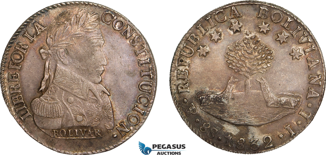 AB073, Bolivia, 8 Soles 1832 PTS JL, Potosi, Silver, Toned aUNC (Rev. Stained)