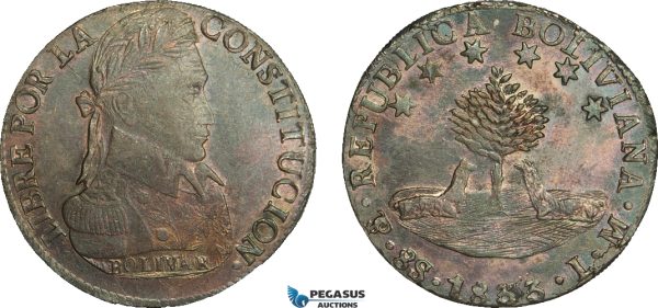 AB074, Bolivia, 8 Soles 1833 PTS LM, Potosi, Silver, Toned aUNC (Faint Hairlines)