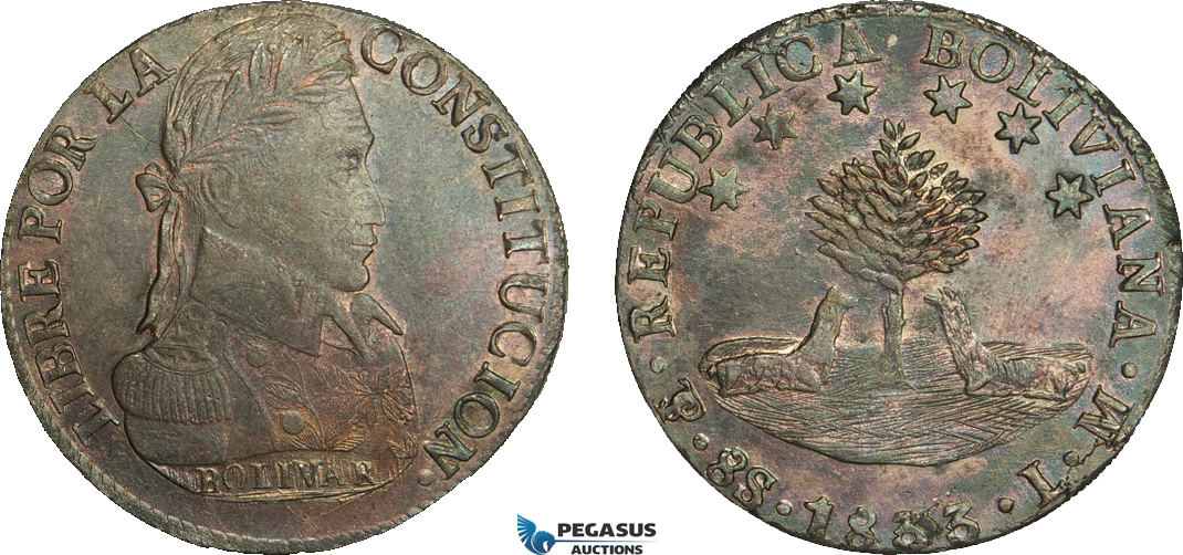 AB074, Bolivia, 8 Soles 1833 PTS LM, Potosi, Silver, Toned aUNC (Faint Hairlines)