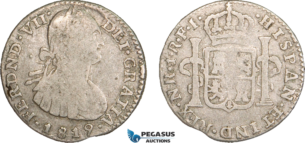 AB090, Colombia, Ferdinand VII, 1 Real 1819-NR FJ, Nuevo Reino, Silver, aVF