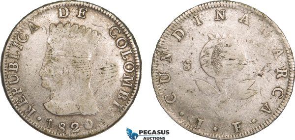 AB091, Colombia, Pre-Rebublican, 8 Reales 1820 JF, Cundinamarca, Silver, KM# C6, F-VF
