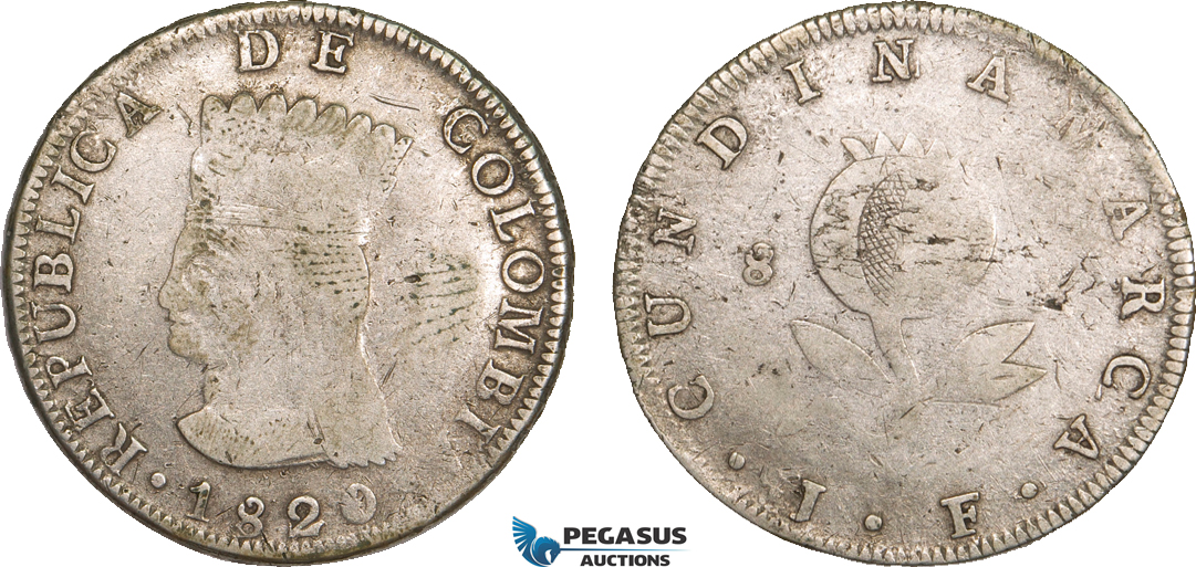 AB091, Colombia, Pre-Rebublican, 8 Reales 1820 JF, Cundinamarca, Silver, KM# C6, F-VF