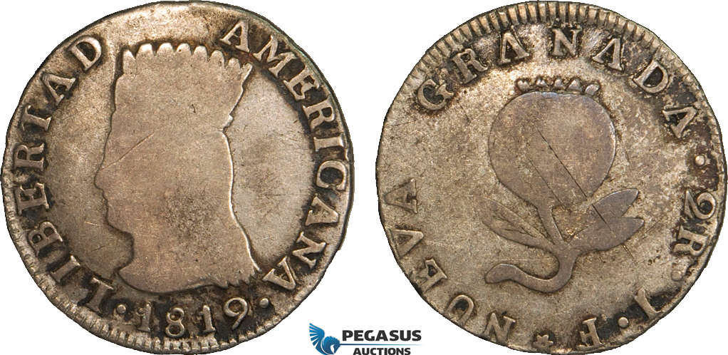 AB092, Colombia, Nueva Granada, 2 Reales 1819 JF, Silver, Toned Fine