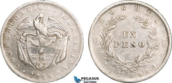 AB093, Colombia, 1 Peso 1860, Bogota, Silver, Cleaned F-VF