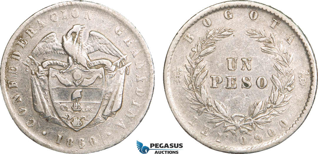 AB093, Colombia, 1 Peso 1860, Bogota, Silver, Cleaned F-VF
