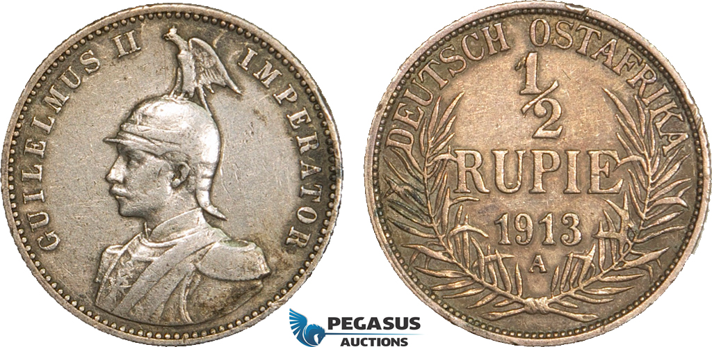 AB098, German East Africa (DOA) Wilhelm II, 1/2 Rupie 1913 A, Berlin, Silver, Toned VF-XF (Few Edge nicks)