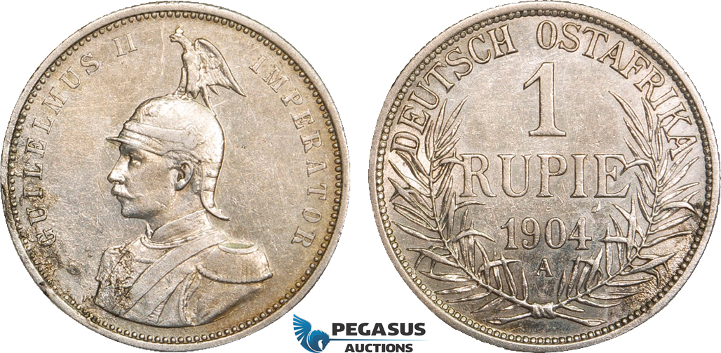 AB099, German East Africa (DOA) Wilhelm II, 1 Rupie 1904 A, Berlin, Silver, Toned VF-XF (Corrosion)