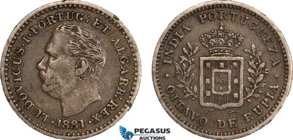 AB116, India (Portuguese) Luiz I, 1/8 Rupia 1881, Silver, Toned VF-XF (Few edge nicks)