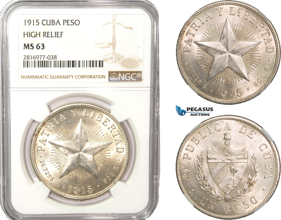 AB160, Cuba, Star Type Peso 1915, Philadelphia, Silver, NGC MS63, High Relief