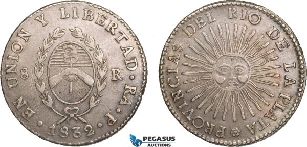 AB187, Argentina, Rio De La Plata, 8 Reales 1832 RA-P, Rioja, Silver (26.68g) XF-AU (Scratches)