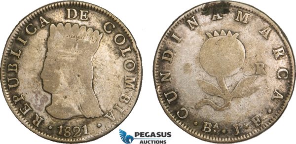 AB188, Colombia, Pre-Rebublican, 8 Reales 1821 Ba JF, Cundinamarca, Silver, KM# C6, Fine