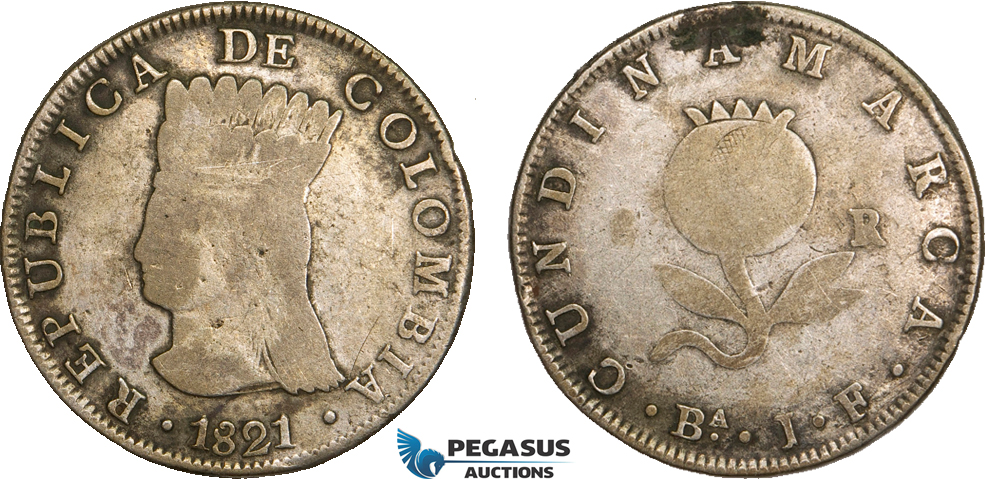 AB188, Colombia, Pre-Rebublican, 8 Reales 1821 Ba JF, Cundinamarca, Silver, KM# C6, Fine