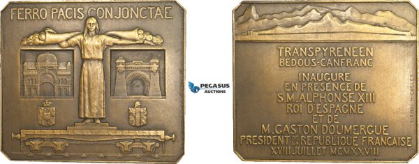 AB197, France & Spain, Bronze Art Deco Plaque Medal 1928 (64.5x56.5mm, 113g) by Michelet, Pau – Canfranc Railroad, Train, Rare!