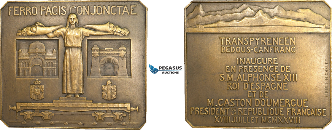 AB197, France & Spain, Bronze Art Deco Plaque Medal 1928 (64.5x56.5mm, 113g) by Michelet, Pau – Canfranc Railroad, Train, Rare!