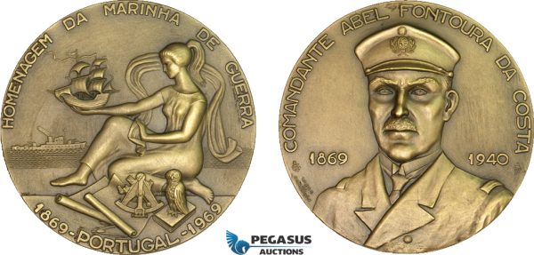 AB201, Portugal, Bronze Medal 1969 (Ø80mm, 222g) by Vasco de Conceicao, Owl, Ships, Navy