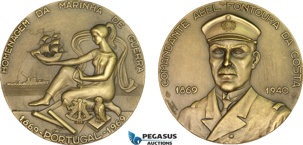 AB201, Portugal, Bronze Medal 1969 (Ø80mm, 222g) by Vasco de Conceicao, Owl, Ships, Navy