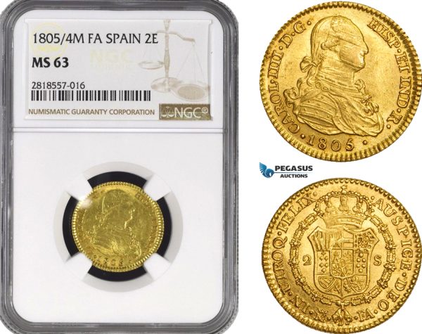 AB219, Spain, Carlos IV, 2 Escudos 1804/5 M FA, Madrid, Gold, NGC MS63, Pop 1/0, Finest!