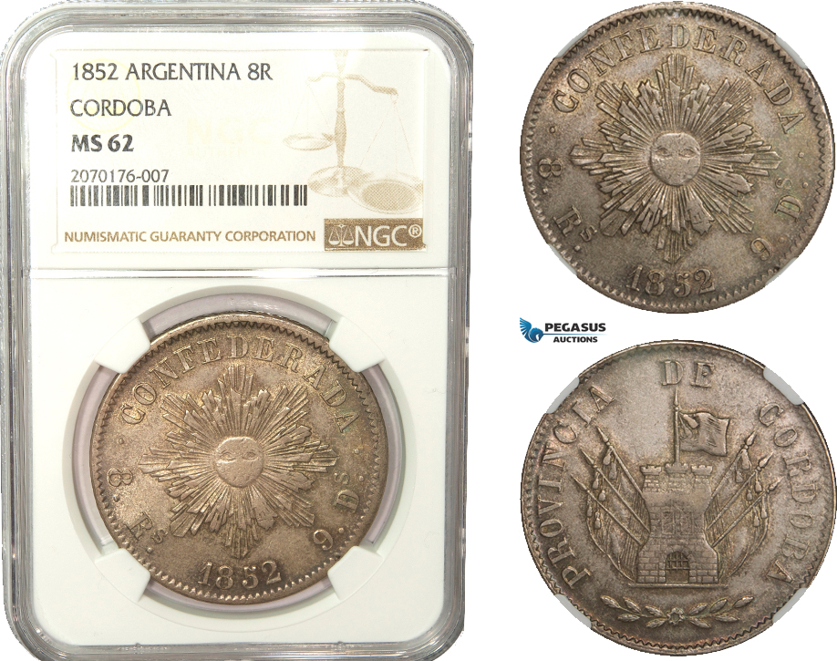 AB230, Argentina, Cordoba, 8 Reales 1852, Silver, NGC MS62