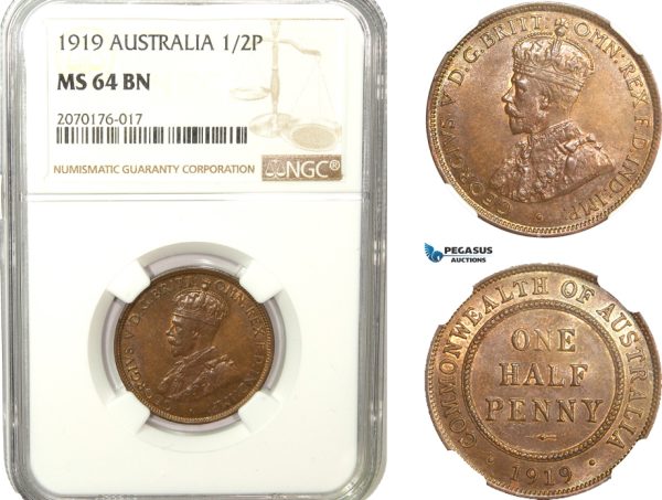 AB231, Australia, George V, Half Penny 1919, London, NGC MS64BN