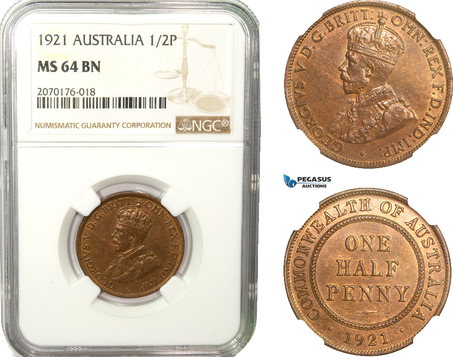 AB232, Australia, George V, Half Penny 1921, London, NGC MS64BN