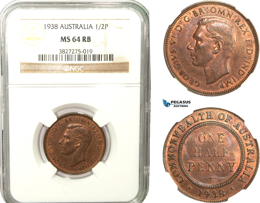 AB233, Australia, George VI, Half Penny 1938, NGC MS64RB