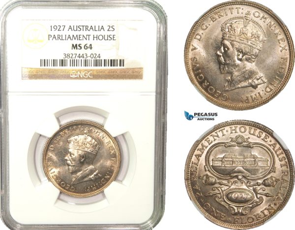 AB235, Australia, George V, Florin / 2 Shillings 1927, Silver, NGC MS64 (Parliament House)