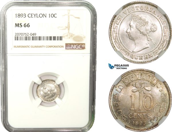 AB257, Ceylon, Victoria, 10 Cents 1893, Silver, NGC MS66