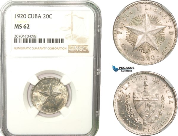 AB261, Cuba, 20 Centavos 1920, Philadelphia, Silver, NGC MS62