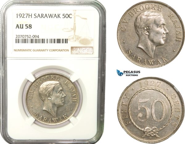AB278, Sarawak, C.V. Brooke, 50 Cents 1927-H, Heaton, Silver, NGC AU58