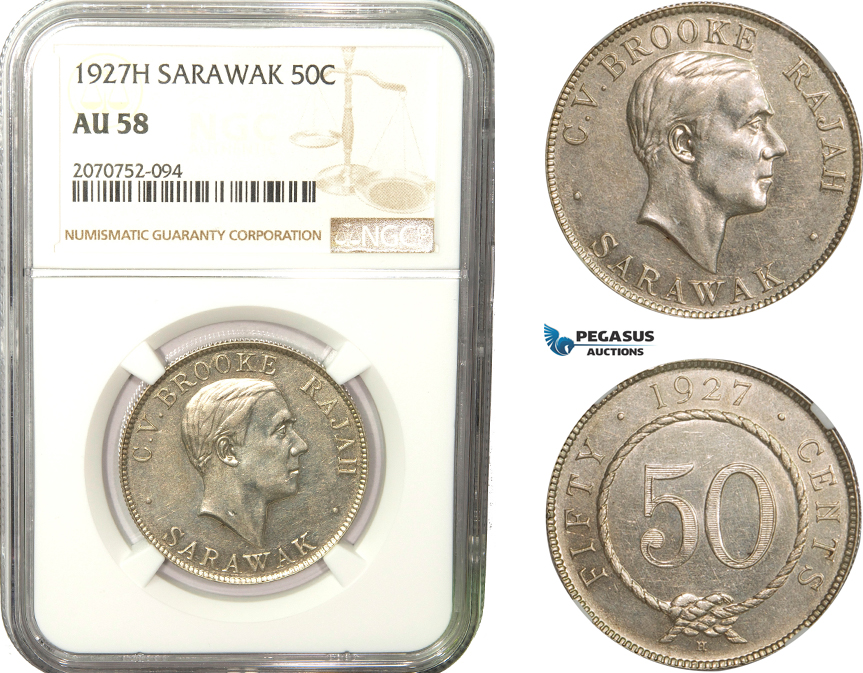 AB278, Sarawak, C.V. Brooke, 50 Cents 1927-H, Heaton, Silver, NGC AU58