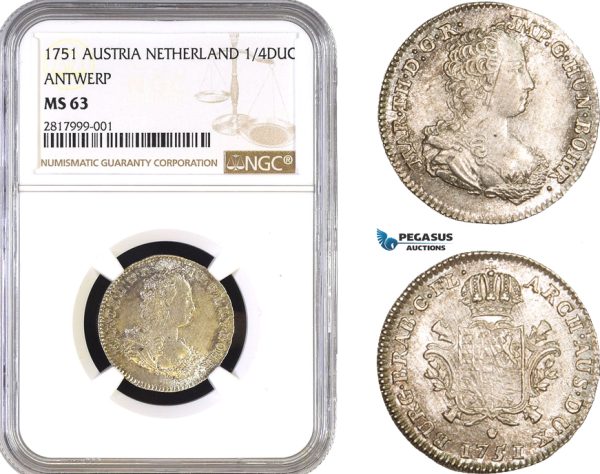 AB289, Austria Netherlands (Brabant) Maria Theresia, 1/4 Ducaton 1751, Antwerp, Silver, NGC MS63, Pop 1/0, Finest!