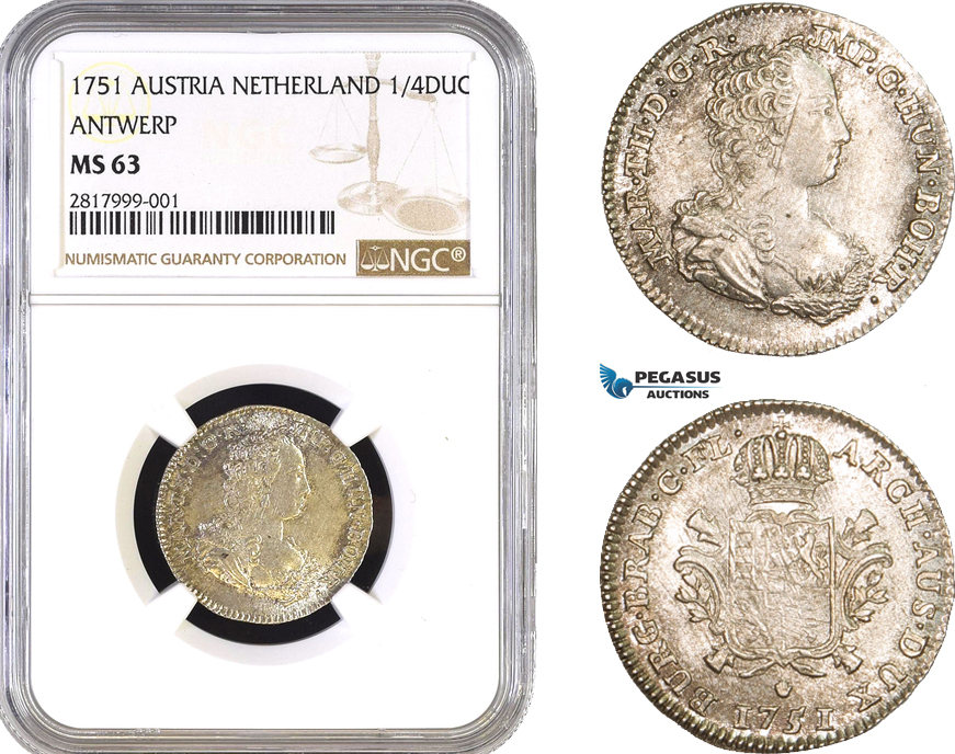 AB289, Austria Netherlands (Brabant) Maria Theresia, 1/4 Ducaton 1751, Antwerp, Silver, NGC MS63, Pop 1/0, Finest!