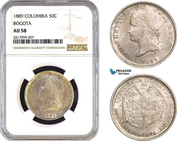 AB295, Colombia, 50 Centavos 1889, Bogota, Silver, NGC AU58, Pop 2/0, No Finer!