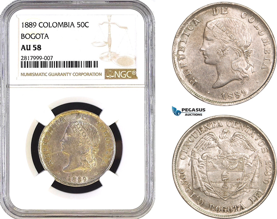 AB295, Colombia, 50 Centavos 1889, Bogota, Silver, NGC AU58, Pop 2/0, No Finer!