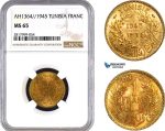 AB342, Tunisia, 1 Franc AH1364 / 1945, NGC MS65, Pop 1/0