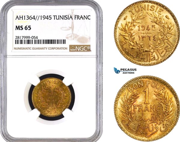 AB342, Tunisia, 1 Franc AH1364 / 1945, NGC MS65, Pop 1/0
