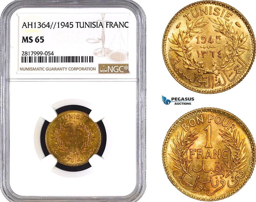AB342, Tunisia, 1 Franc AH1364 / 1945, NGC MS65, Pop 1/0