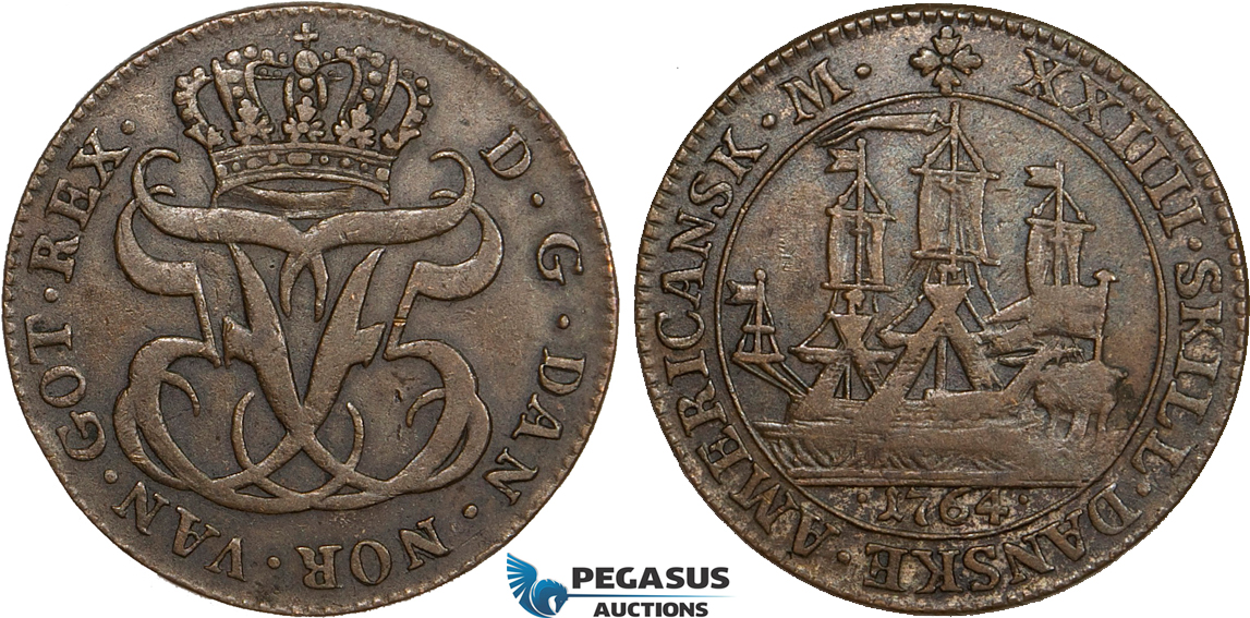 AB347, Danish West Indies, Frederik V, 24 Skilling 1764, Contemporary Forgery, Rare! XF