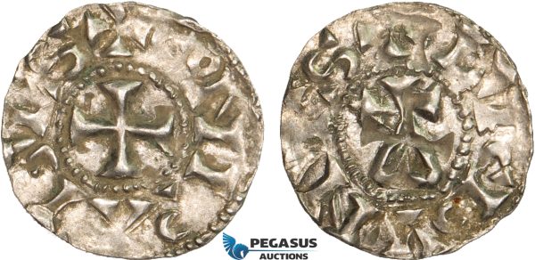 AB350, France, Carolingians, Conrad le Pacific (the Peaceful) (937-993) Denier, Lucdunus (Lyon), Silver (1.13g) Toned AU