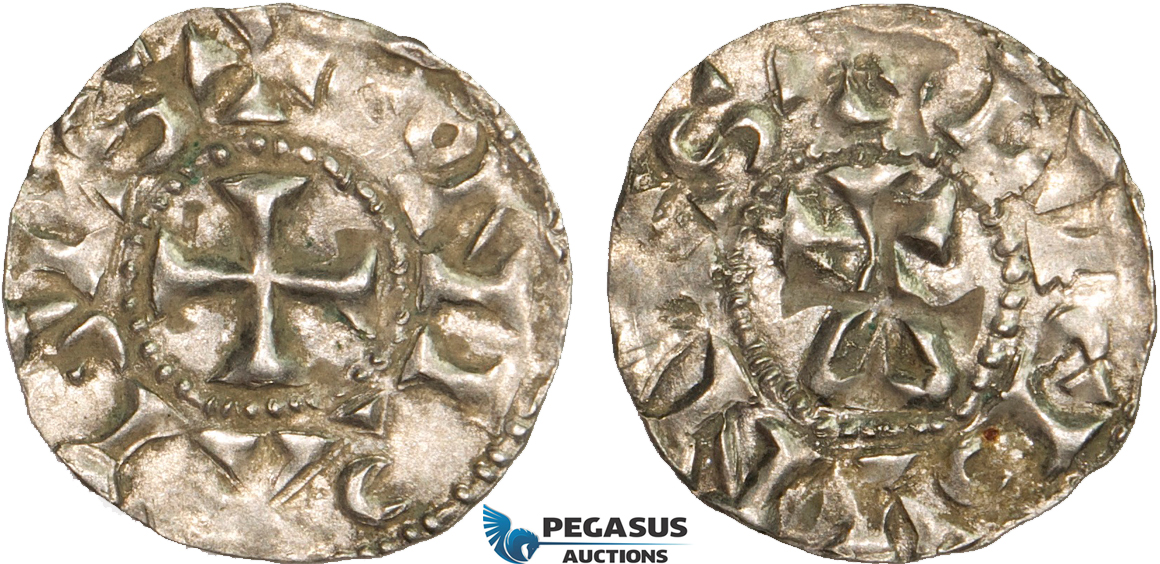 AB350, France, Carolingians, Conrad le Pacific (the Peaceful) (937-993) Denier, Lucdunus (Lyon), Silver (1.13g) Toned AU
