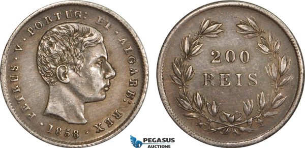 AB362-A, Portugal, Peter V, 200 Reis 1858, Lisbon, Silver, Toned AU