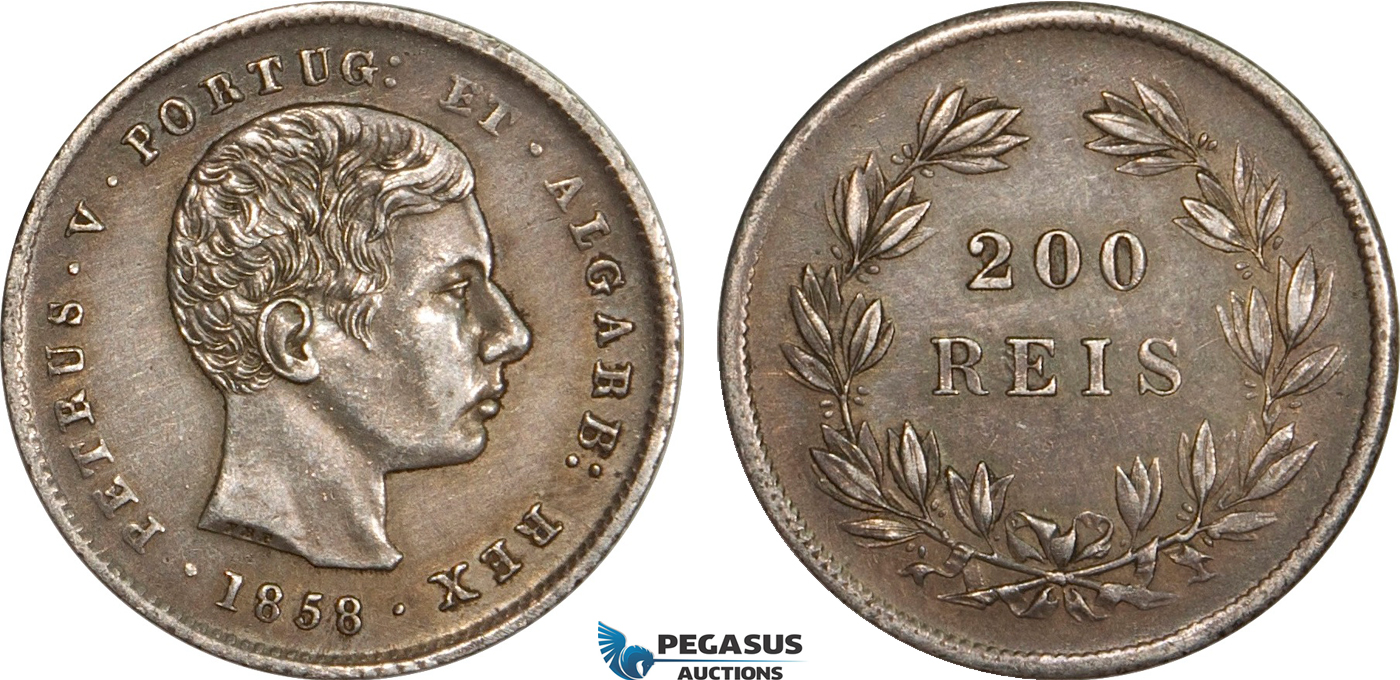 AB362-A, Portugal, Peter V, 200 Reis 1858, Lisbon, Silver, Toned AU