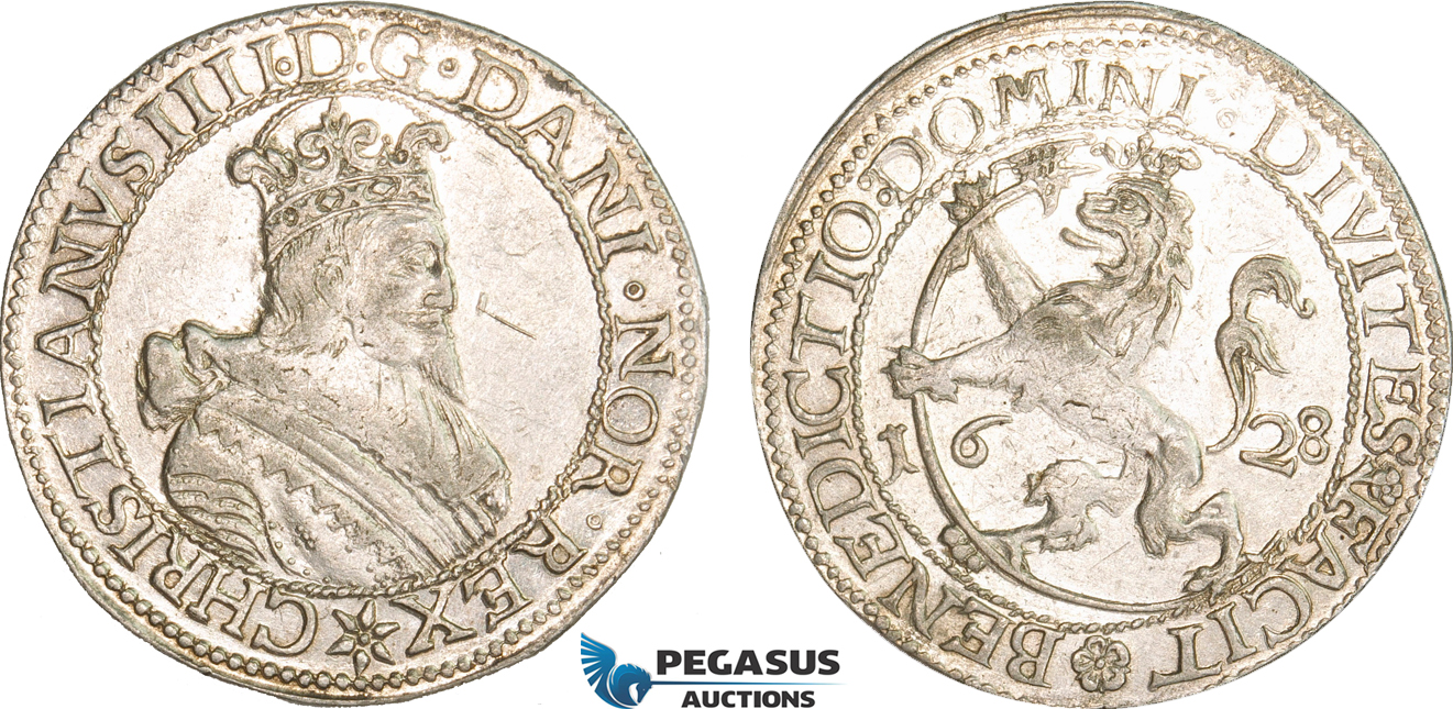 AB389, Norway, Christian IV, Speciedaler 1628, Christiania, Silver (25.69g) NM 26 "Wild Lion" Lustrous aXF, Extremely Rare!