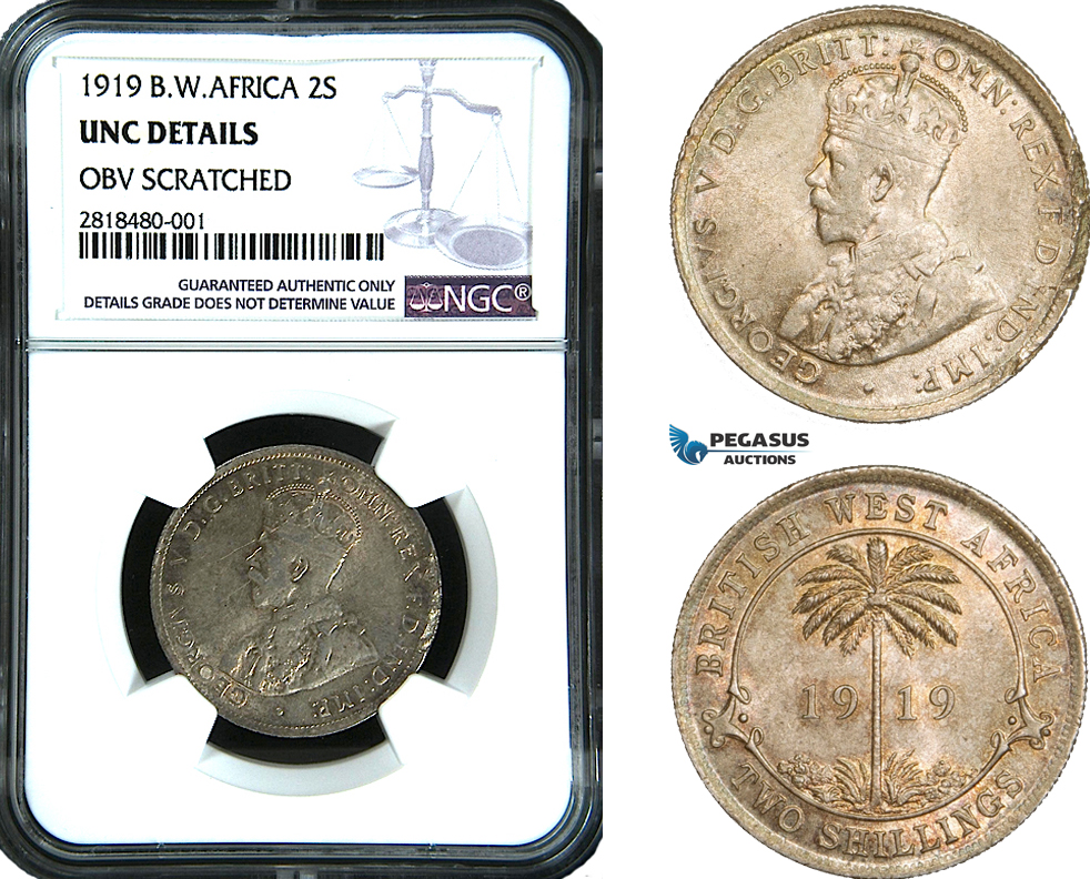 AB420, British West Africa, George V, 2 Shillings 1919, Silver, NGC UNC Det. Top Pop!